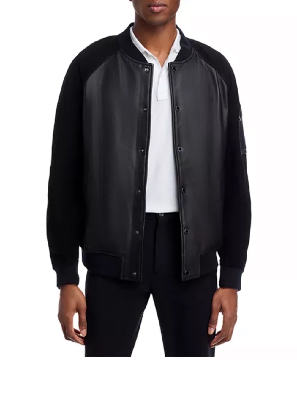 Karl Lagerfeld Black Leather-Front Bomber Jacket